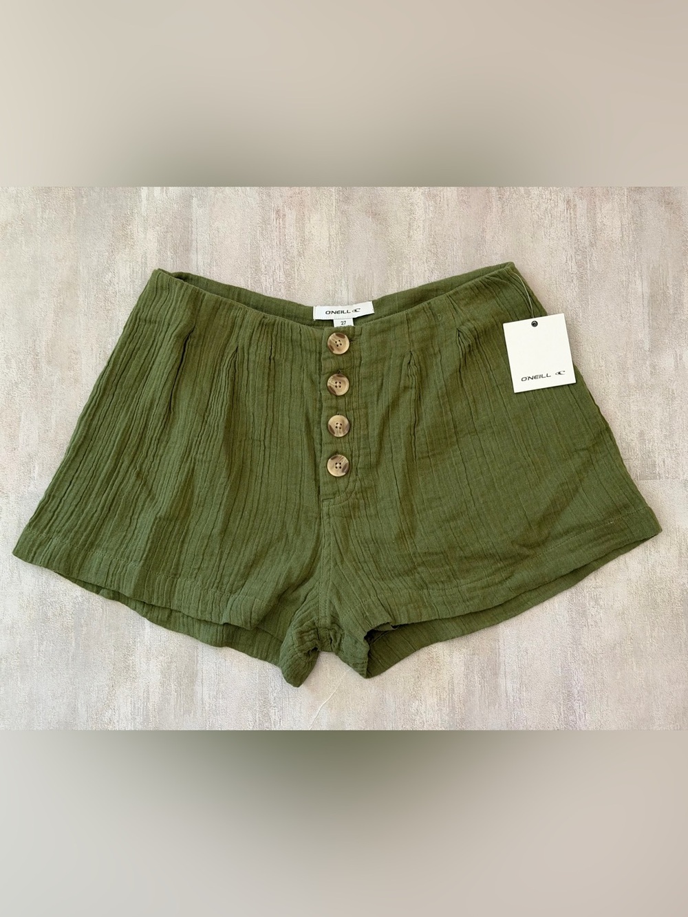 NWT | O’Neill | Olive Green Cotton Gauze Henley Shorts - Size 27 - Picture 2 of 4